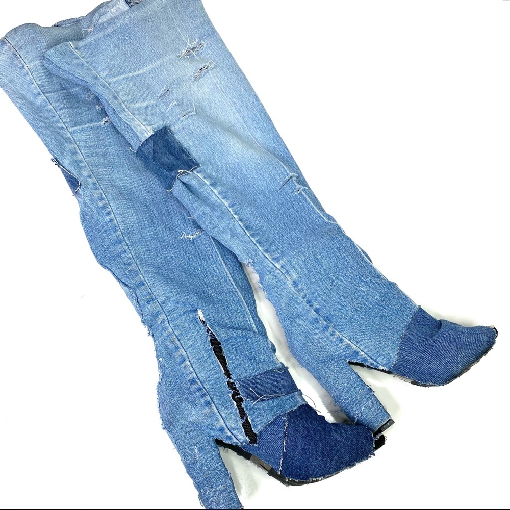 Wild Diva Denim Jean High Peep Toe Boots Patch